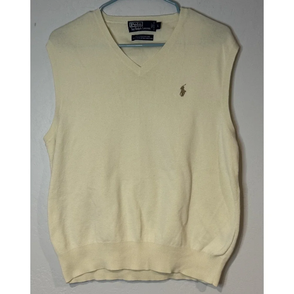 Vtg Polo Ralph Lauren Sweater Vest Mens Large Beige Cream V Neck Pima Cotton 90s
